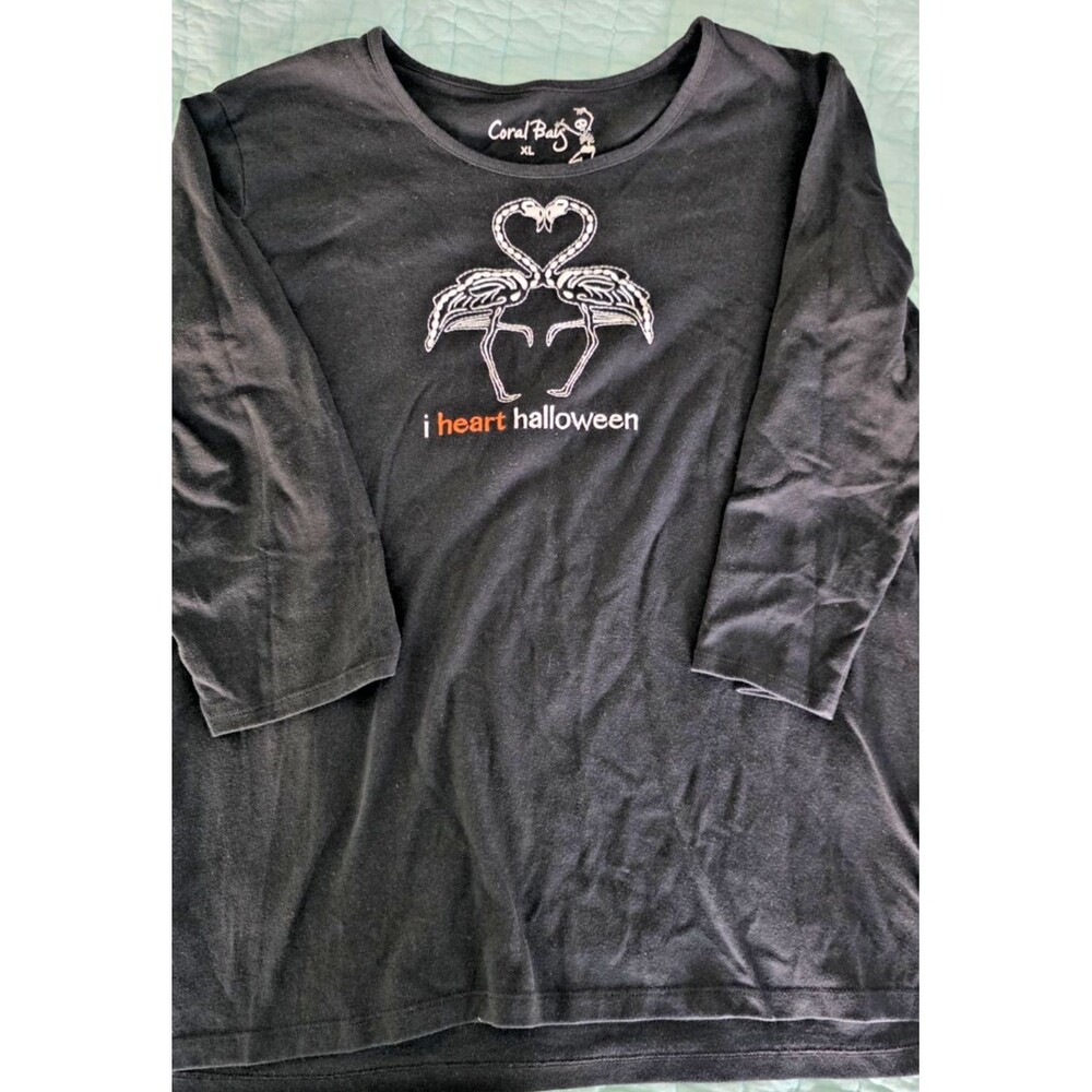 Coral Bay Black Embroidered I Heart Halloween 3/4 Sleeve Tee Shirt XL